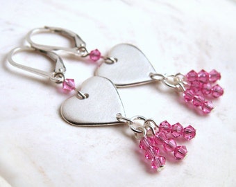 Pink Heart Earrings Valentine Gift Sterling Silver Heart Pink Earrings Crystal Dangles Leverback Handmade Heart Charm Genuine Crystal Beads