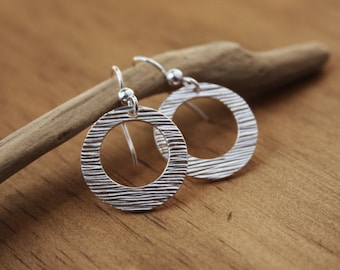 Silver Earrings Woodgrain Silver Jewelry Circle Hoop Earrings Hand-Textured Recycled Silver Rustic Earrings OOAK Modern Simple Minimalist