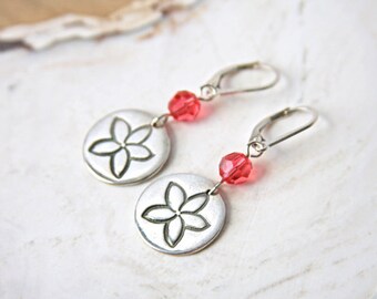 Plumeria Earrings Sterling Fine Silver with Pink Crystal, Tropical Beach Jewelry, Handmade Frangipani Blossom Flower Pendant