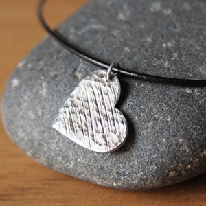 Silver Heart Necklace Textured Heart Oxidized Edgy Romantic Rustic Heart Jewelry Handmade Pendant Black Leather Cord Sterling Clasp image 1