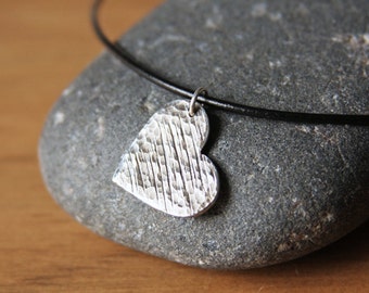 Silver Heart Necklace Textured Heart Oxidized Edgy Romantic Rustic Heart Jewelry Handmade Pendant Black Leather Cord Sterling Clasp