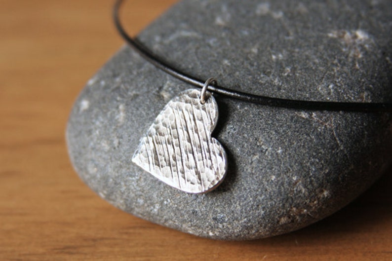 Silver Heart Necklace Textured Heart Oxidized Edgy Romantic Rustic Heart Jewelry Handmade Pendant Black Leather Cord Sterling Clasp image 1