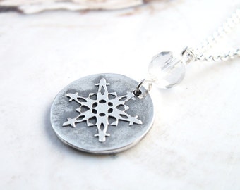 Small Snowflake Necklace faceted quartz crystal handmade unique .999 silver circle pendant ooak winter design .925 sterling chain