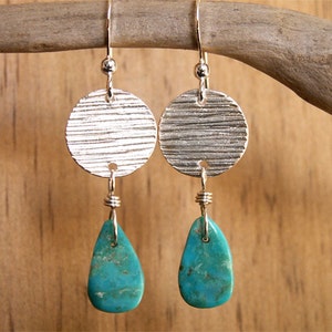 Turquoise Silver Earrings Sterling Silver Earrings Woodgrain Texture OOAK Earrings Handmade Charms Recycled Silver Modern Western Jewelry image 3