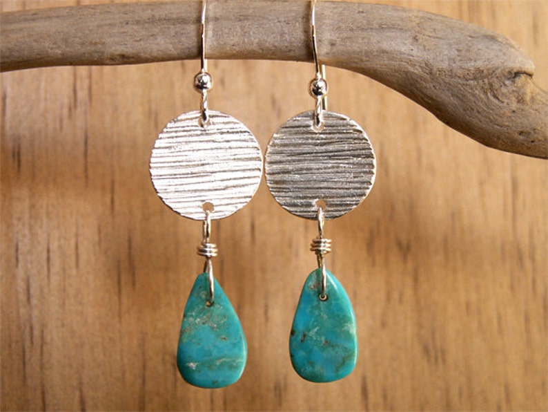 Turquoise Silver Earrings Sterling Silver Earrings Woodgrain Texture OOAK Earrings Handmade Charms Recycled Silver Modern Western Jewelry image 3