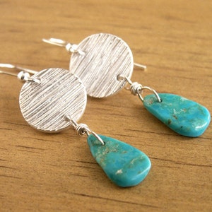 Turquoise Silver Earrings Sterling Silver Earrings Woodgrain Texture OOAK Earrings Handmade Charms Recycled Silver Modern Western Jewelry image 1