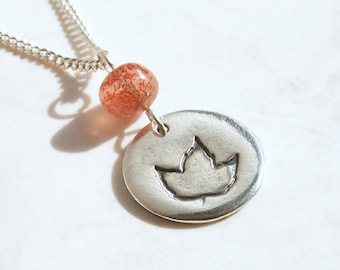 Sunstone Fall Leaf Tiny Orange Leaf Necklace .925 sterling chain nature autumn design in recycled Fine Silver round circle charm pendant