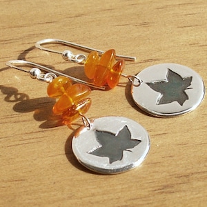 Amber Maple Leaf Disc Earrings sterling earwires handmade small round circle disc autumn nature design natural golden honey yellow image 3