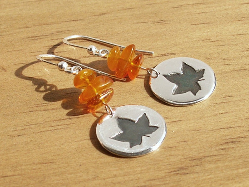 Amber Maple Leaf Disc Earrings sterling earwires handmade small round circle disc autumn nature design natural golden honey yellow image 3