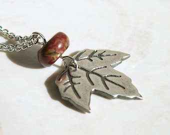 Fall Leaf Silver Necklace, Autumn Handmade Pendant in Recycled .999 Fine Silver, Fall Color Jasper Stone Bead Accent, Nature Jewelry