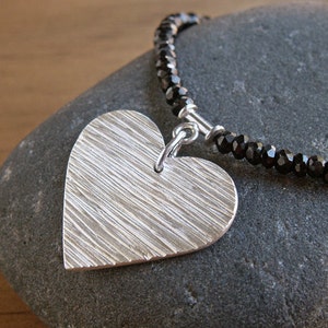 Silver Heart Necklace Black Spinel Woodgrain Textured Pendant Black Faceted Spinel Gemstone Jewelry Sterling Silver Black Stone Necklace image 1