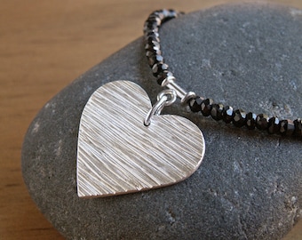 Silver Heart Necklace Black Spinel Woodgrain Textured Pendant Black Faceted Spinel Gemstone Jewelry Sterling Silver Black Stone Necklace