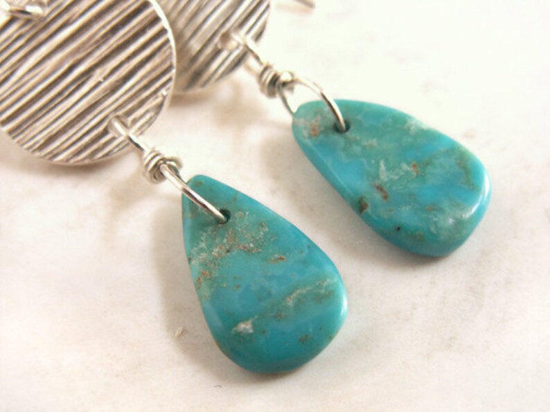 Turquoise Silver Earrings Sterling Silver Earrings Woodgrain Texture OOAK Earrings Handmade Charms Recycled Silver Modern Western Jewelry image 4