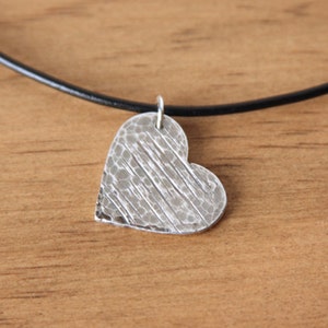 Silver Heart Necklace Textured Heart Oxidized Edgy Romantic Rustic Heart Jewelry Handmade Pendant Black Leather Cord Sterling Clasp image 2