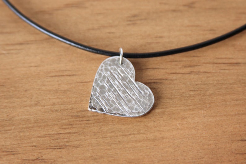 Silver Heart Necklace Textured Heart Oxidized Edgy Romantic Rustic Heart Jewelry Handmade Pendant Black Leather Cord Sterling Clasp image 2