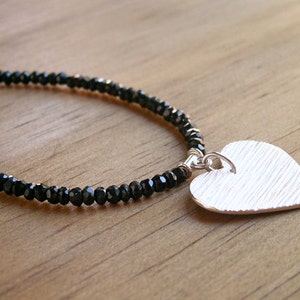 Silver Heart Necklace Black Spinel Woodgrain Textured Pendant Black Faceted Spinel Gemstone Jewelry Sterling Silver Black Stone Necklace image 2