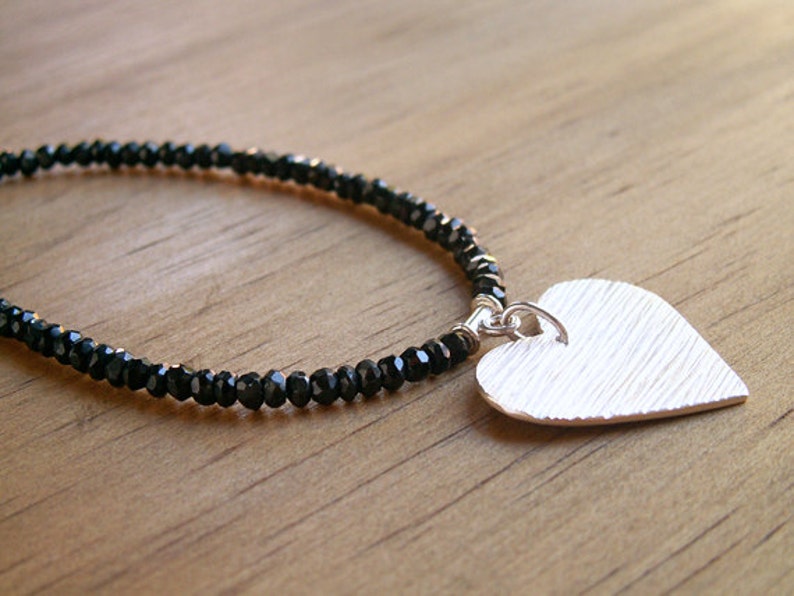 Silver Heart Necklace Black Spinel Woodgrain Textured Pendant Black Faceted Spinel Gemstone Jewelry Sterling Silver Black Stone Necklace image 2