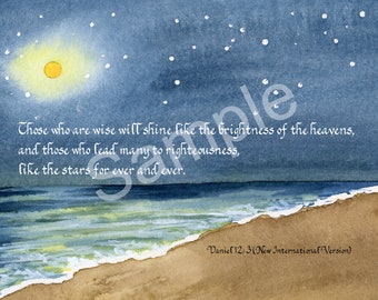 5x7 Blank Cards/Matted Prints - "Like the Stars" on beach with night sky artwork
