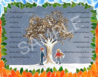 5x7 Blank Cards/Matted Prints  - "We shall not cease from exploration" - T.S. Eliot with children in snow