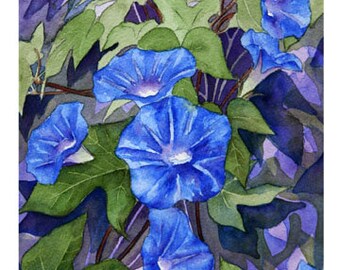 5x7 Watercolor Artwork "Morning Glories" on Floral Greeting Card, Blank on the inside