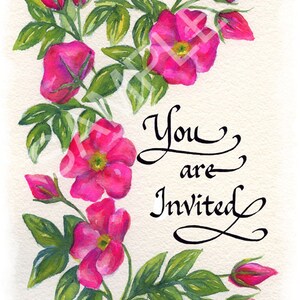 Invitation Sets with Beach Rose Artwork - Full set with custom calligraphy