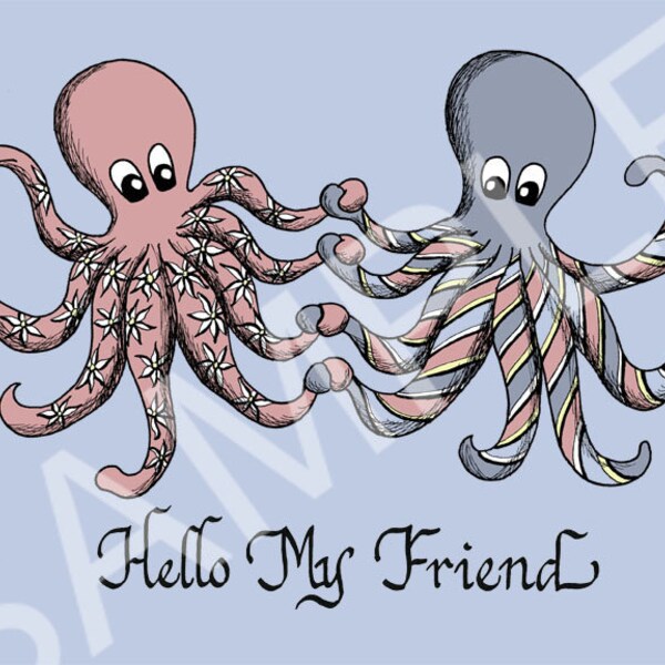 5x7 Blank Greeting Card "Hello my Friend" with Nautical octopuses Artwork