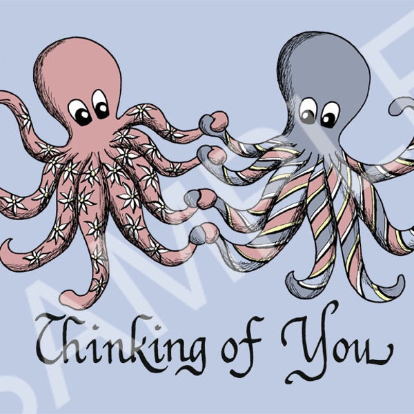 5x7 Blank Greeting Card "Thinking of you" with Nautical octopuses Artwork