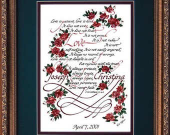 I Corinthians 13 with roses - Personalized Wedding or Anniversary Gift - Custom Photo Option