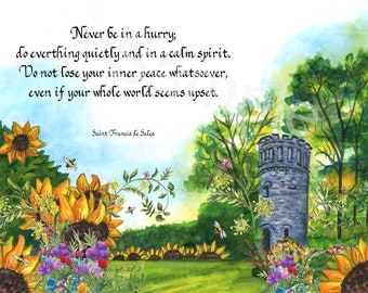 5x7 Blank Cards/Matted Prints - "Saint Francis de Sale quote" with Sunflower Tower artwork