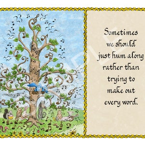 5x7 Blank Cards/Matted Prints  - &quot;Just Hum Along&quot; with Musical Tree Art