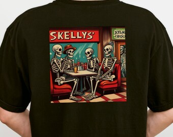 May include: A black t-shirt with a graphic print of four skeletons sitting at a diner booth. The diner is called "Skelly's" and has a red and green color scheme. The skeletons are wearing hats and have a retro look.
