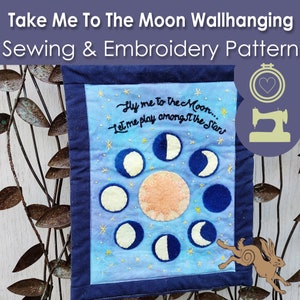 Moon and stars pattern, Moon applique design,  Moon phase wall hanging, Quilted wall hanging pattern, PDF sewing pattern, fly me to the moon