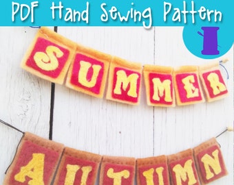Garland pattern, Felt bunting banner, Felt bunting garland, Hand sewing pattern, Pennant sewing pattern, Seasons garden flag, sewing pattern