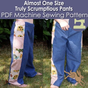 May include: Blue denim pants with a decorative side panel featuring turtle and striped fabric patches. The text on the image reads "Almost One Size Truly Scrumptious Pants PDF Machine Sewing Pattern."