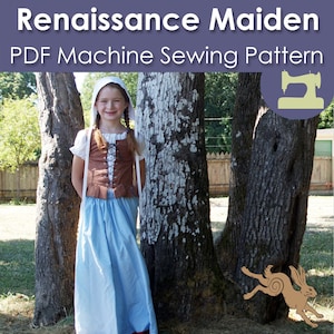 May include: A young girl wearing a Renaissance maiden costume, standing between two trees. She is wearing a white bonnet, a brown bodice with a laced front, and a light blue skirt. The text "Renaissance Maiden PDF Machine Sewing Pattern" is at the top of the image.