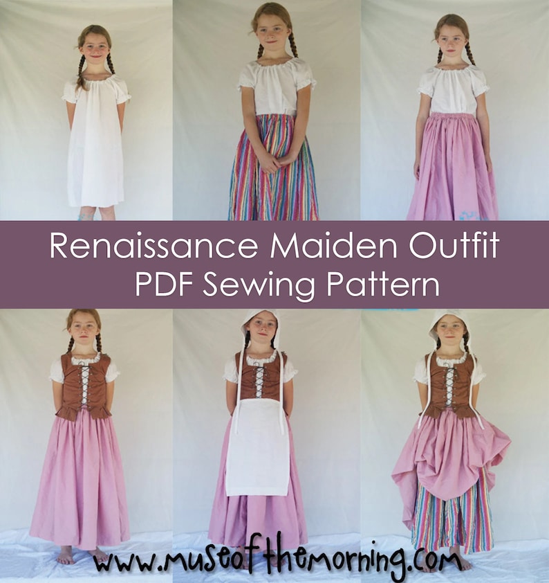 May include: A Renaissance Maiden Outfit PDF Sewing Pattern. The pattern includes instructions for making a white chemise, a striped skirt, a brown bodice, and a white apron. The pattern is available for download on the website www.museofthemorning.com.