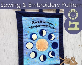 Fly Me To The Moon, PDF Sewing Pattern, Quilted Wall Hanging Pattern, moon applique design, housewarming gift for couple, best seller, sew