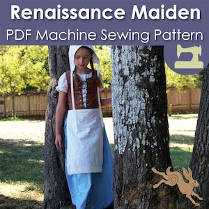 May include: A young person wearing a Renaissance-style costume, including a brown bodice with a lace-up front, a white apron, and a blue skirt. The person is standing in front of a tree, with a sewing machine icon in the upper right corner of the image. The text "Renaissance Maiden PDF Machine Sewing Pattern" is at the top of the image.