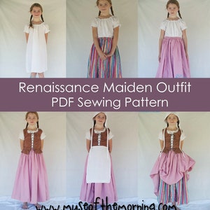 Op de afbeelding: Een PDF-naaipatroon voor een Renaissance-meisjesoutfit. Het patroon bevat instructies voor het maken van een wit hemd, een gestreepte rok, een bruin lijfje en een witte schort. Het patroon is te downloaden op de website www.museofthemorning.com.