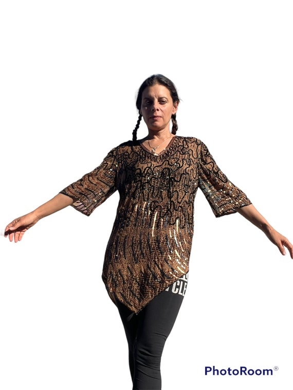 Beaded sequined cocktail brown blouse top