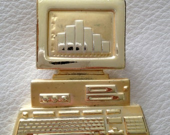 Computer Pin Vintage 80s Gold Tone Enamel Brooch Geek Info Tech Desktop