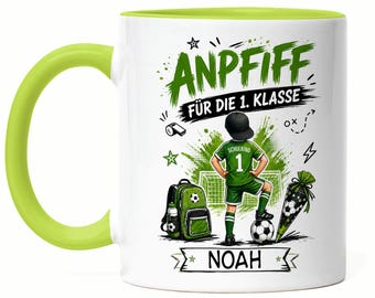 Personalized schoolchild mug with name for boys, kick-off 1st grade motif with footballer, back-to-school gift for boys 2026, coffee mug