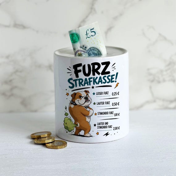 Lustige Spardose Furz Strafkasse mit Bulldogge Motiv originelles Geschenk für Männer, Frauen, Kollegen zum Geburtstag, Weihnachten