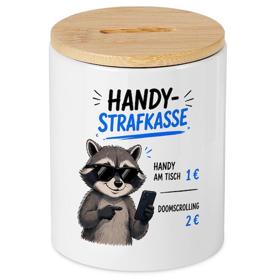 Handy Strafkasse Spardose, Sparschwein lustig, Geldgeschenk Büro, Smartphone Sucht, Wunscherfüller, Waschbär Motiv, Geburtstag Geschenk