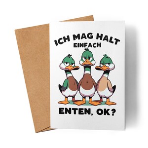 Könnte beinhalten: Grußkarte mit drei Comic-Enten mit wütenden Ausdrücken. Die Enten sind braun, grün und weiß, mit orangefarbenen Füßen und Schnäbeln. Der Text "ICH MAG HALT EINFACH ENTEN, OK?" ist in Schwarz.