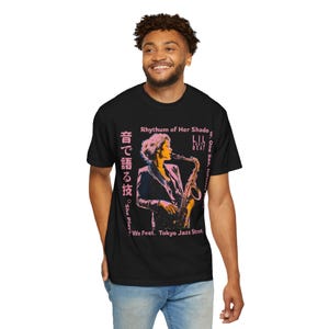 Saxophone Graphic Tee, Unisex Jazz T-shirt, Tokyo Urban Music Shirt, Japanese Design Top, Garment-Dyed Cotton Clothing