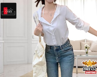 Damen Elegante Bluse mit V-Ausschnitt | Langarm-lässiges Hemd | Büroschickes Top | Stilvolle Frühlings-Sommerkleidung | Perfektes Geschenk für Sie