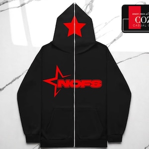 Unisex Star Graphic Hoodie | Full Zip Hooded Jacket | Bold Lettering Sweatshirt | Urban Casual Outerwear | Modern Streetwear Vibe