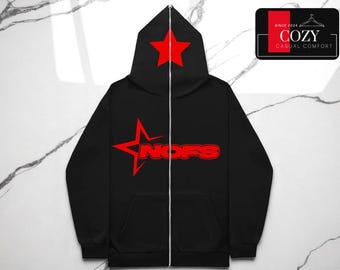 Unisex Star Graphic Hoodie | Full Zip Hooded Jacket | Bold Lettering Sweatshirt | Urban Casual Outerwear | Modern Streetwear Vibe