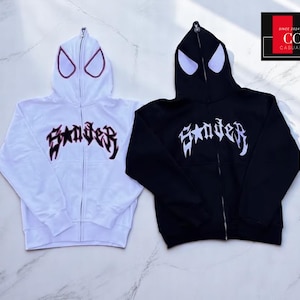 Spider Print Graphic Hoodie | Full Zip Unisex Jacket | Oversized Streetwear Sweatshirt | Trendy Casual Outerwear | Urban Street Style